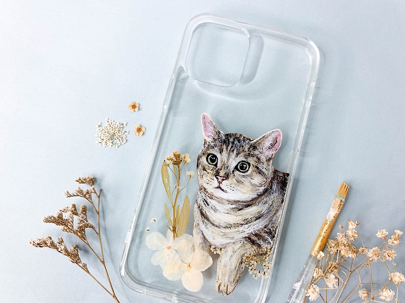 พืช/ดอกไม้ เคส/ซองมือถือ สีกากี - Tailor-made Hand-drawn Pet Pressed Flower Phone Case | British Shorthair, Cat