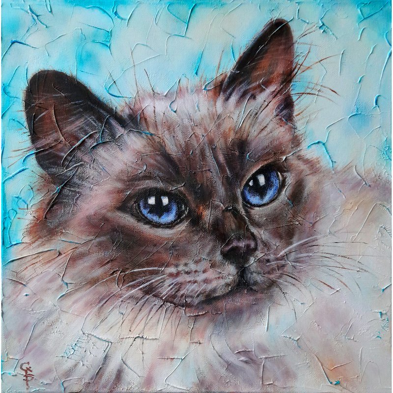 Birma Cat Painting Canvas Original Oil Artwork Kawaii Kitten Portrait Realism - 壁貼/牆壁裝飾 - 其他材質 多色