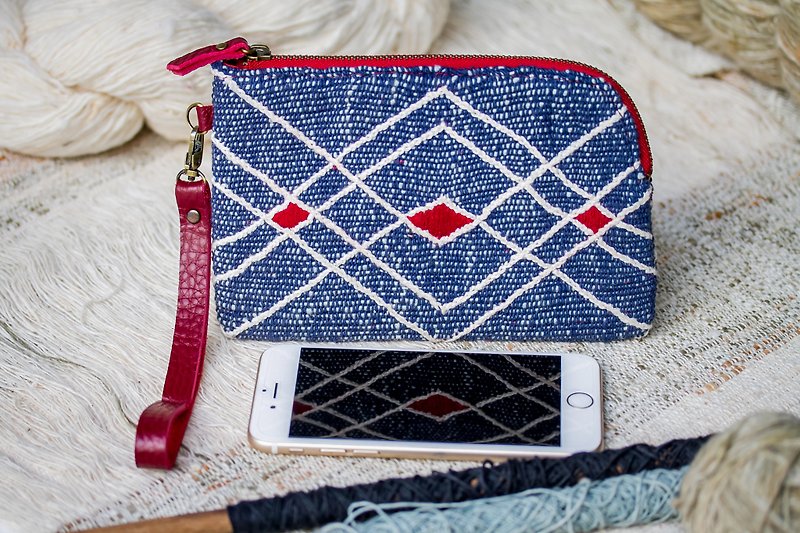 Hand Woven Cotton with Hand Embroidery Wristlet ( Blue color ) - Wallets - Cotton & Hemp Blue