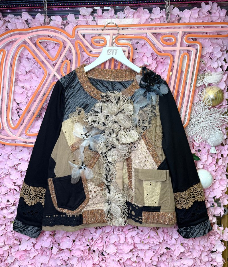 OTT獨一無二•Unique日系重工刺繡蕾絲立體花手織細節外套 - 女大衣/外套 - 羊毛 卡其色