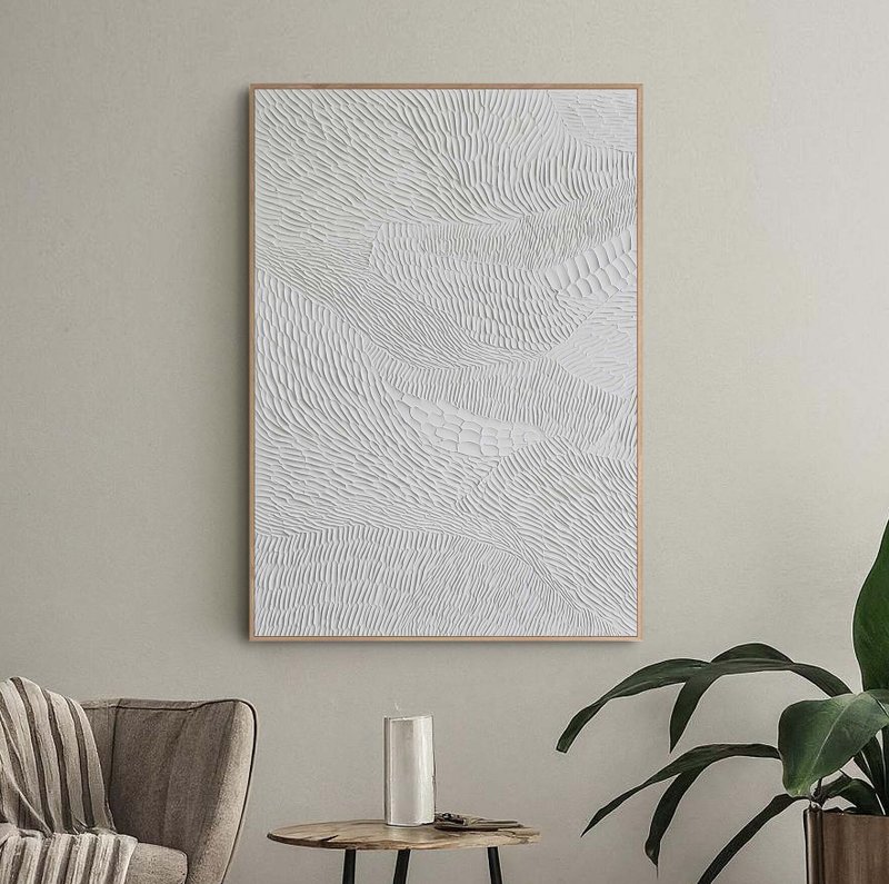 White Textured Abstract Painting | Textured Painting | White Wall art Fluency 3 - 壁貼/牆壁裝飾 - 棉．麻 白色