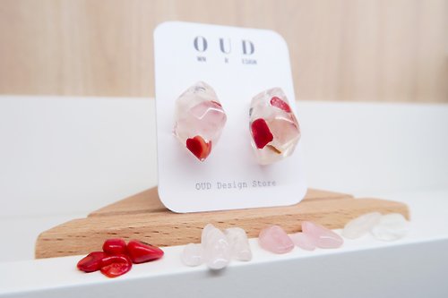 OUD 天然石系列--戀愛感-粉水晶.白月光石.草莓晶.珊瑚石14K耳環/耳夾
