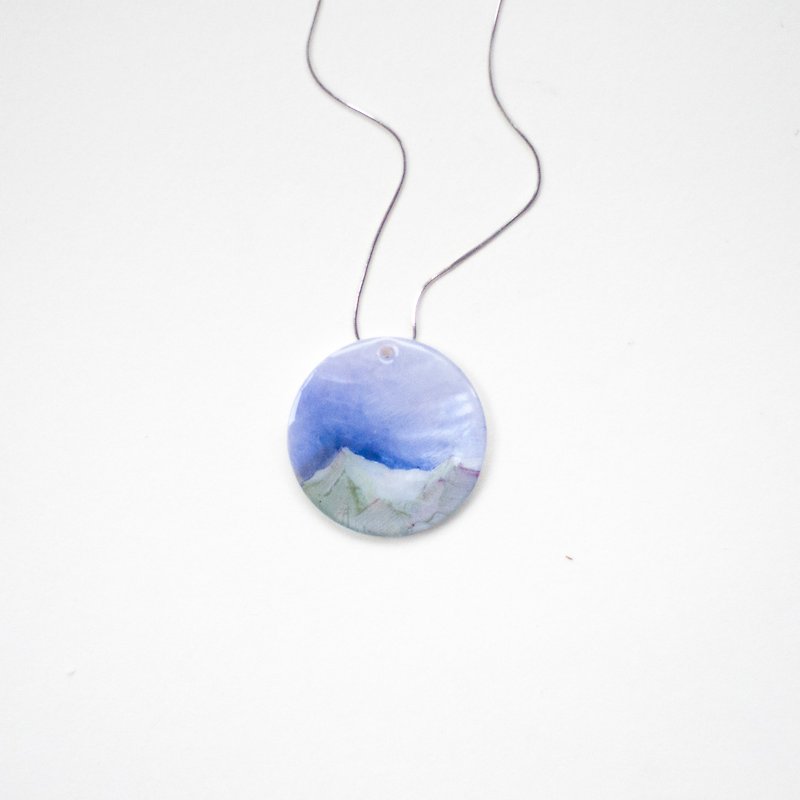 Snow Mountain impression _ 014 _ one of the six original oil painting of blue shells and resin pendants _ _ _ mini impressionist artwork painted jewelry - Necklaces - Pigment 