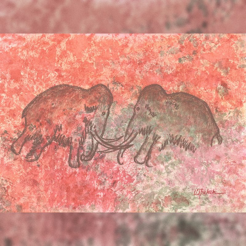 Mammoth hunting painting interior Prehistoric art Watercolor end pastel drawing - โปสเตอร์ - กระดาษ สีแดง