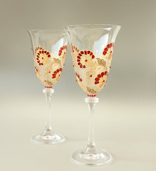 NeA Glass Crystal Wine Glasses Gold and Red Hand Painted set of 2