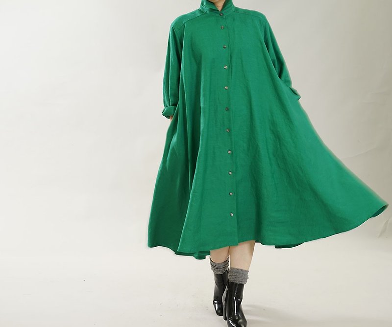 【wafu】中厚 リネン フレア ワンピース 2way 羽織 シャツ リネンドレス  フィヨルドグリーン a080b-fgn2 - 洋裝/連身裙 - 棉．麻 綠色