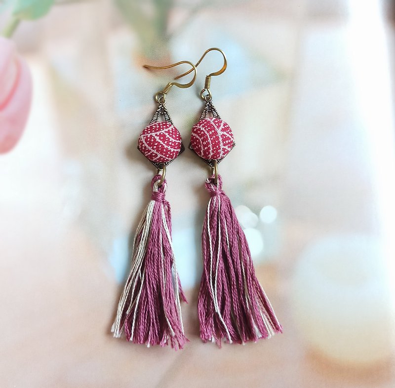 โลหะ ต่างหู สีแดง - Japanese style tassel earrings cloth earrings Bronze earrings silk earrings EAR-041