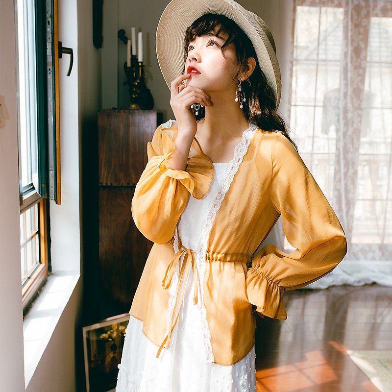 [thin section] 2019 women's summer wear waist drawstring lantern sleeve sunscreen shirt 9313 - Women's Tops - Other Materials Yellow