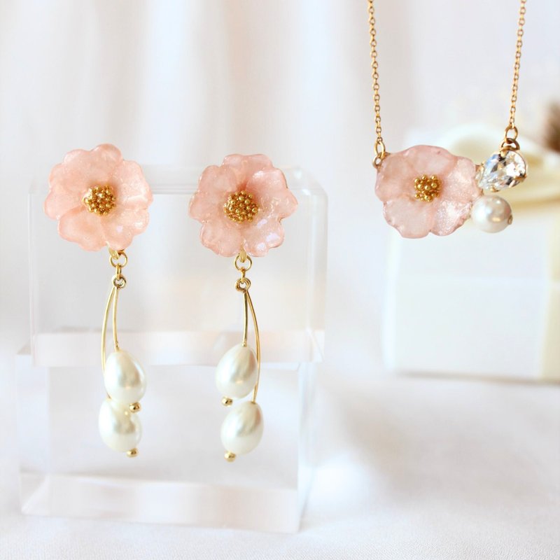 [Christmas Limited 5 Sets] Rose Clip-On and Necklace Set for those who like pale pink Real flowers - ต่างหู - พืช/ดอกไม้ สึชมพู