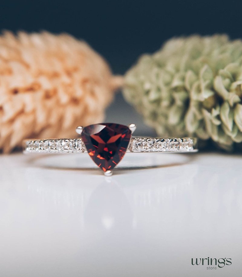 Large Trilliant Garnet Silver Engagement Ring for Women Red Custome Gemstone - General Rings - Sterling Silver Red