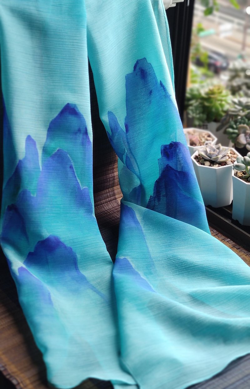 Hand-painted scarf ~blue-green landscape painting - Scarves - Other Materials 