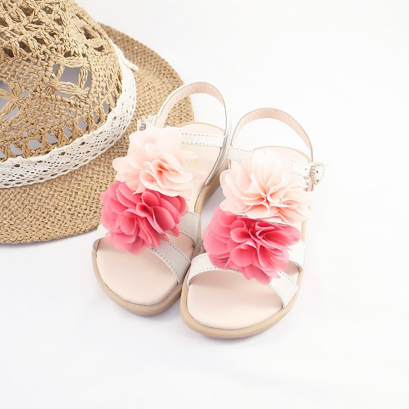 Hawaiian flower leather sandals-almond rice - รองเท้าเด็ก - หนังแท้ ขาว