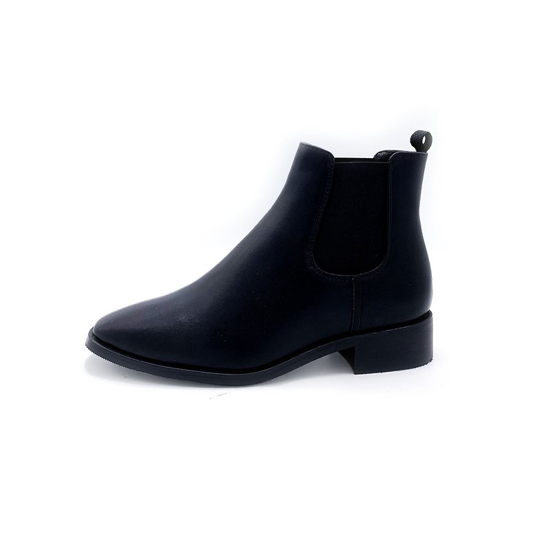 Hong Kong Brand Spot Italian Leather Small Square Toe Chelsea Boots-Black - รองเท้าบูทสั้นผู้หญิง - หนังแท้ 