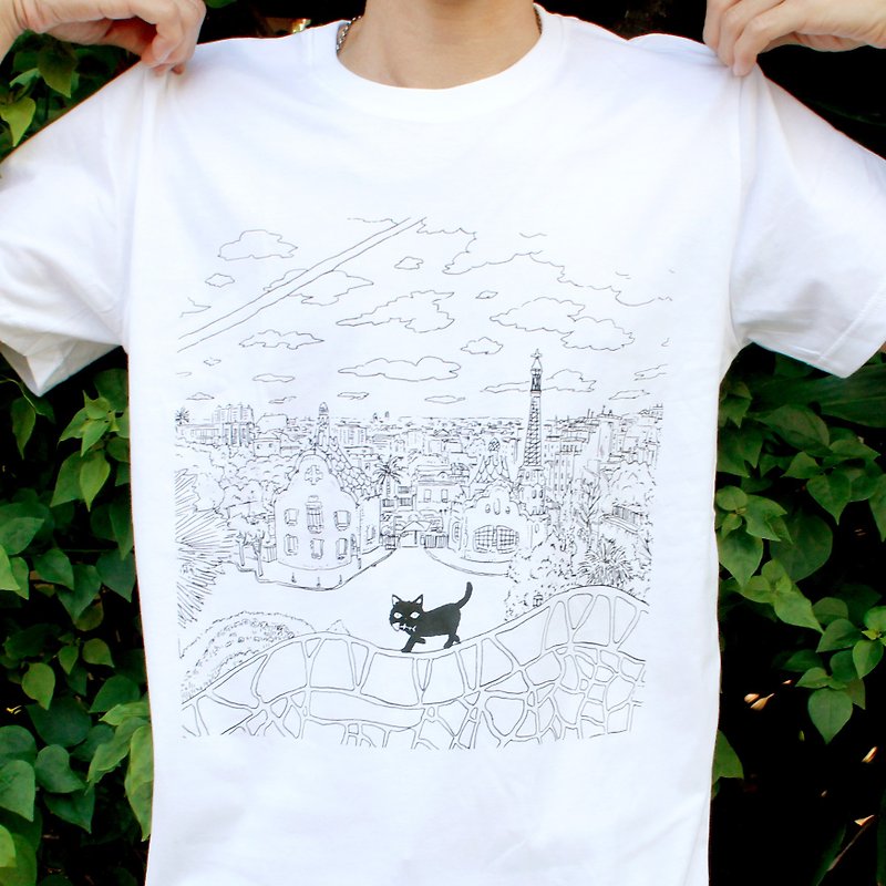 ผ้าฝ้าย/ผ้าลินิน เสื้อยืดผู้ชาย ขาว - T-shirt Black Cat