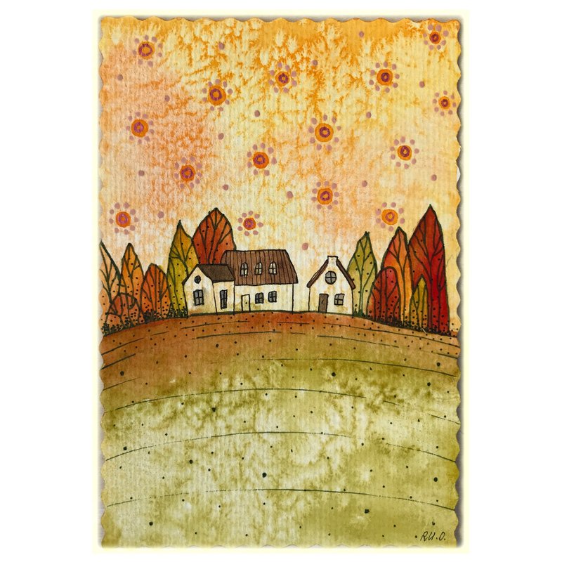 Mini illustration Handmade art Original watercolor Landscape Miniature artwork - Posters - Paper Multicolor