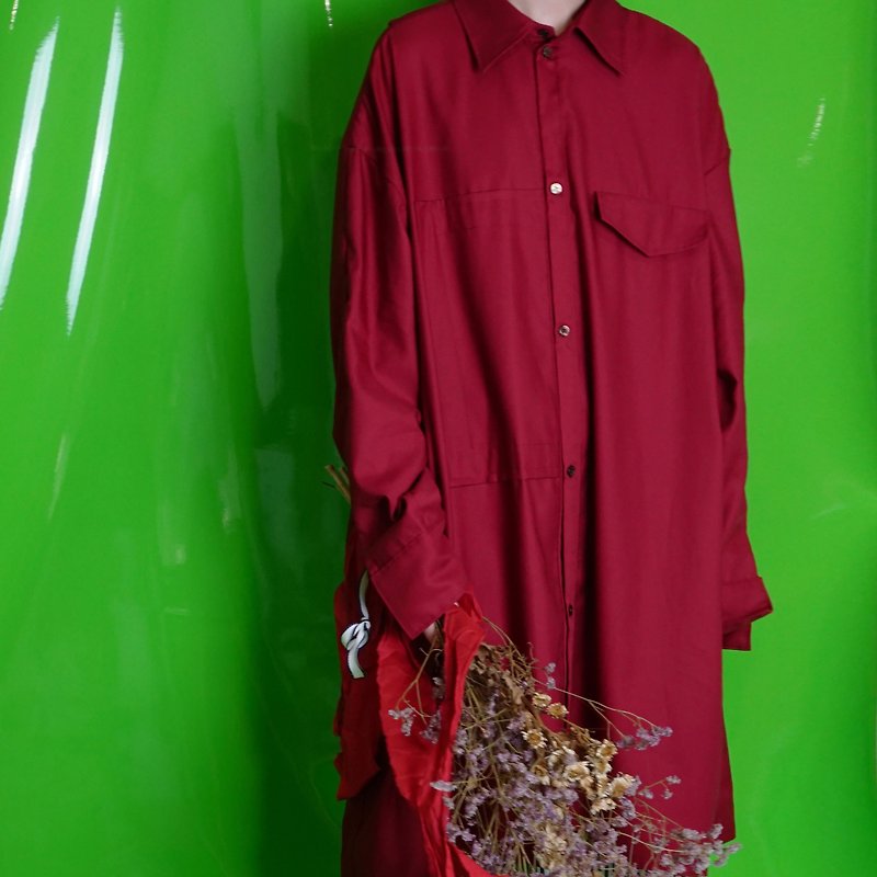 P.YELLOW | 秋季深紅色寬松襯衣外套 - 女大衣/外套 - 棉．麻 紅色
