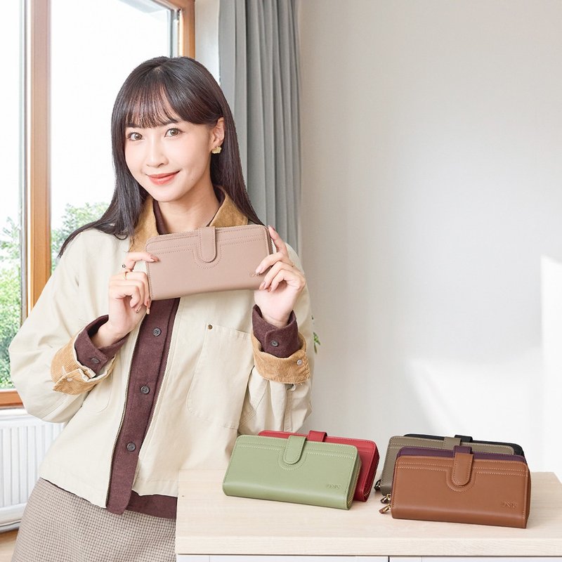 (シェルピンク)柔らかな牛革のベロ留めファスナー付きクラッチ長財布 4110 - 財布 - 革 