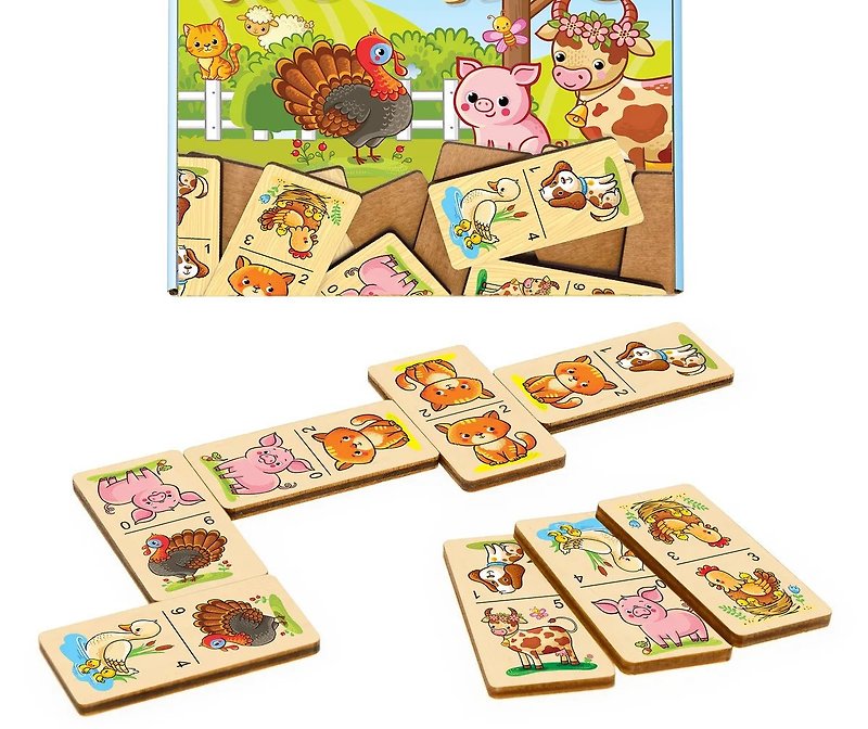木のドミノゲーム - 農場の動物のパズル、木製のモンテッソーリホームスクールブロック - 知育玩具・ぬいぐるみ - 木製 イエロー