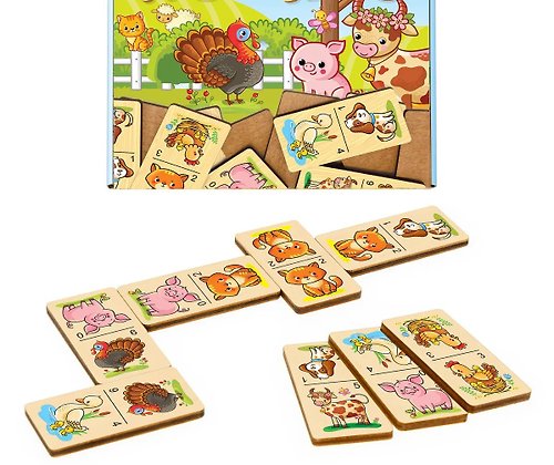 WoodCreativityGifts Wood domino games - farm animals Puzzle, Wooden Montessori homeschool blocks