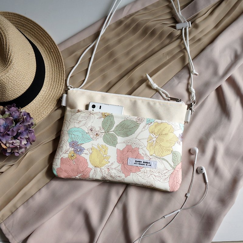 Pastel flower sakosh bag beige - Messenger Bags & Sling Bags - Cotton & Hemp Khaki