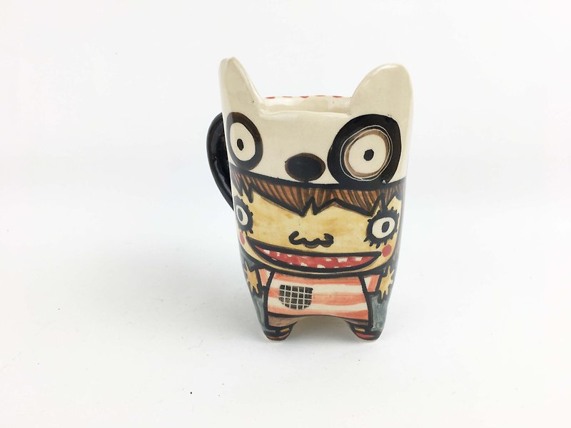 Nice Little Clay Handmade Ear Cup Boy and Black Wheel Dog 0112-10 - Mugs - Pottery Gray