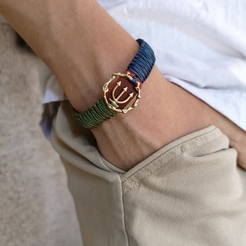 Trident Balance Bracelet, Red Leather Green Blue, Protection Good Fortune Charm - 手鍊/手環 - 真皮 藍色