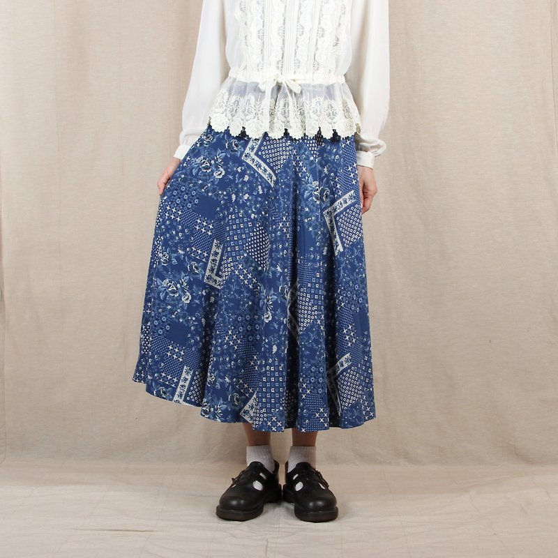 [Eggs] plant vintage blue rose print vintage Yuanqun - Skirts - Polyester Blue