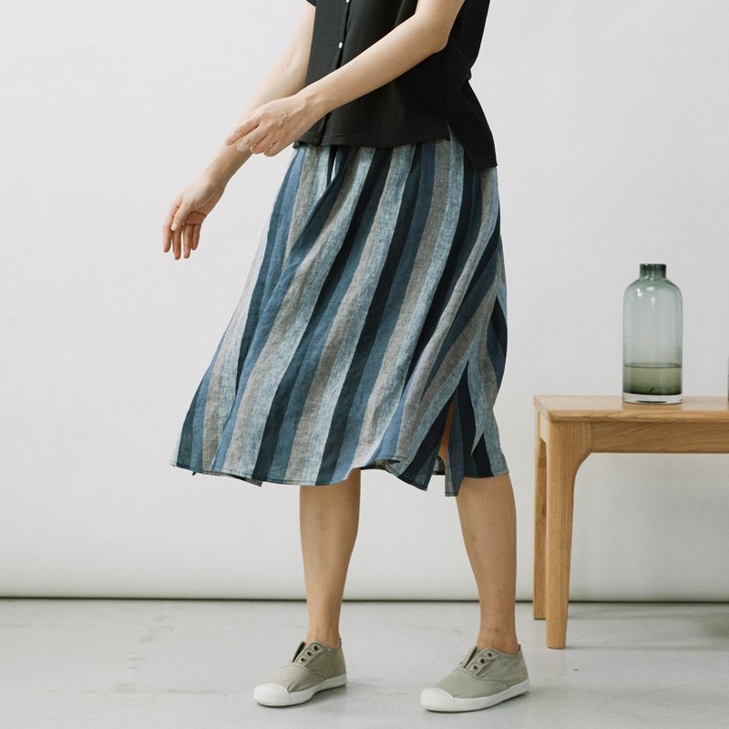 Yarn-dyed linen striped loose half skirt ethnic coarse cloth thin skirt SK200133 - Skirts - Cotton & Hemp Gray