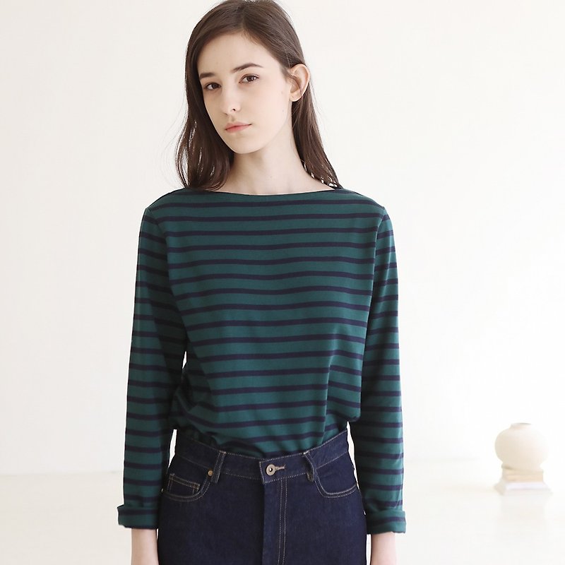 KOOW Japanese SUVINPIMA classic sea soul stripe shirt retro word collar - Women's Tops - Cotton & Hemp 