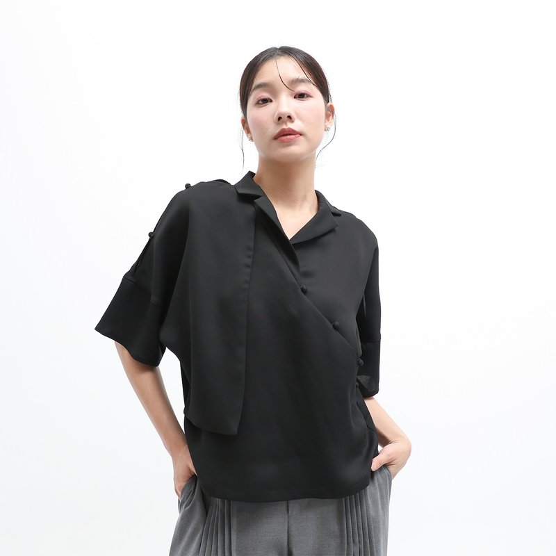 Mengmeng_Mengmeng cardigan shirt_24SF006_black - Women's Tops - Polyester Black