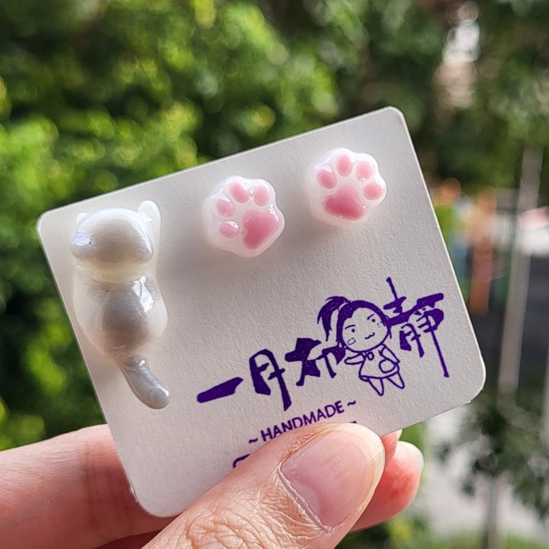 灰白喵喵耳環 - 耳環/耳夾/耳骨夾 - 樹脂 