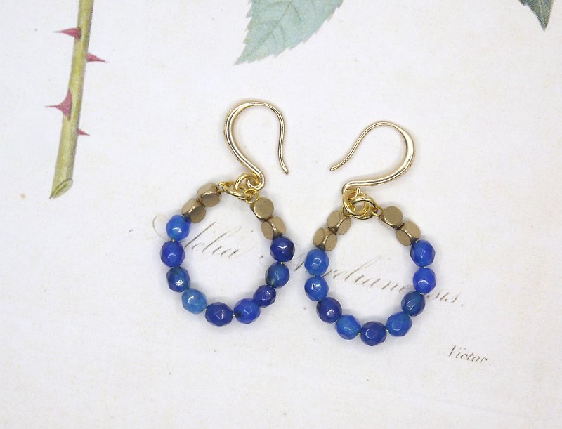 Blue circle chalcedony brass earrings ear clip - Earrings & Clip-ons - Gemstone 