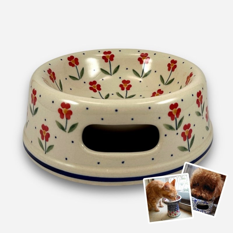 Polish hand-painted handmade pottery-pet bowl round thick bottom bowl suitable for cats/medium/small dogs 17cm - ชามอาหารสัตว์ - ดินเผา หลากหลายสี