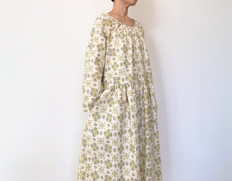 Mimosa wreath spring floral pattern long sleeve dress lace cotton - One Piece Dresses - Cotton & Hemp White