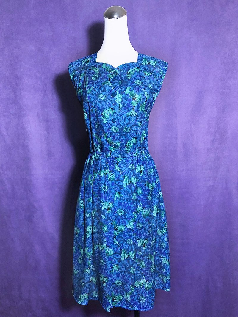 湛藍花朵無袖古著洋裝/ 國外帶回 VINTAGE - 連身裙 - 聚酯纖維 藍色