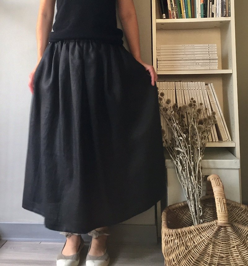 Forest night # luster, elegant black linen dress 100% linen - Skirts - Cotton & Hemp Black
