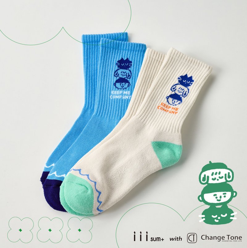 疊疊樂 米/藍  iii sum+ × ChangeTone 聯名襪款 - 襪子 - 棉．麻 藍色