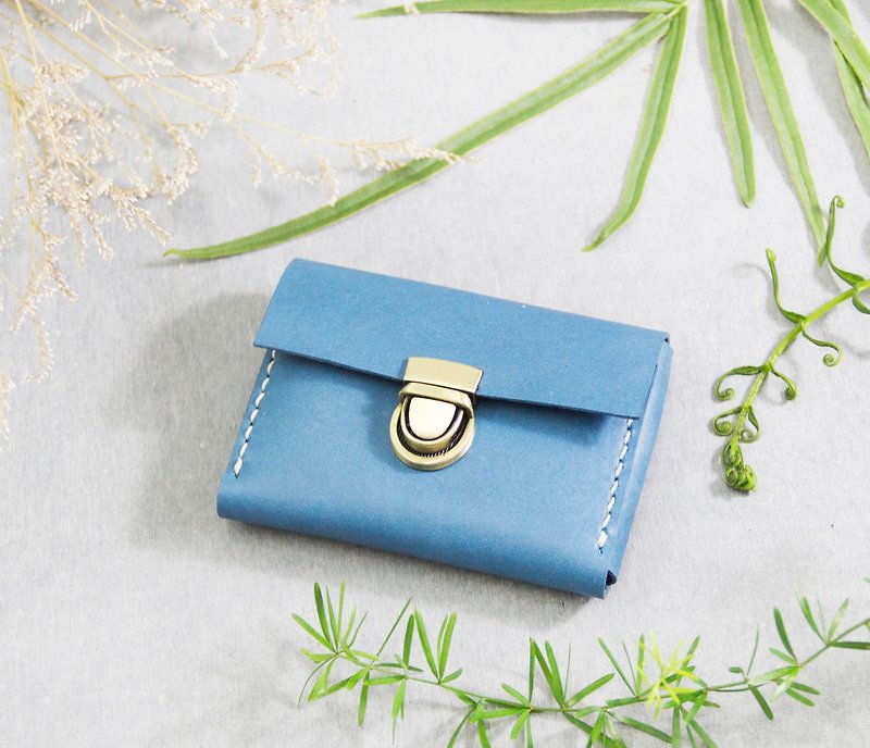 [Leather double-layer card coin purse/business card bag] European vegetable tanned cowhide/customized lettering/ocean blue - Coin Purses - Genuine Leather Blue