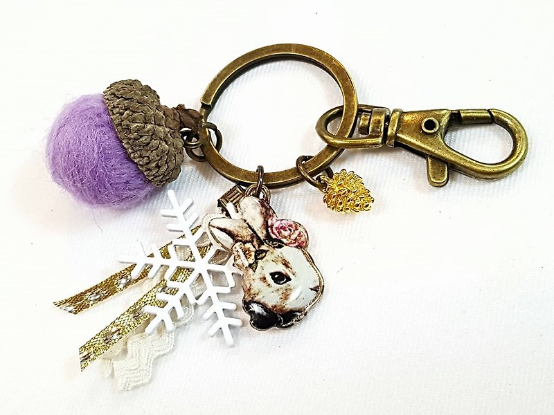 Paris*Le Bonheun. Forest of happiness. Cute bunny. Wool felt acorns. Pine cone key ring charm - Keychains - Other Metals Multicolor