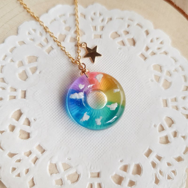 14K包金 項鍊 吊墜 甜甜圈 彩虹 白雲 可愛 夢幻 星星 禮物 手作 - 項鍊 - 樹脂 多色