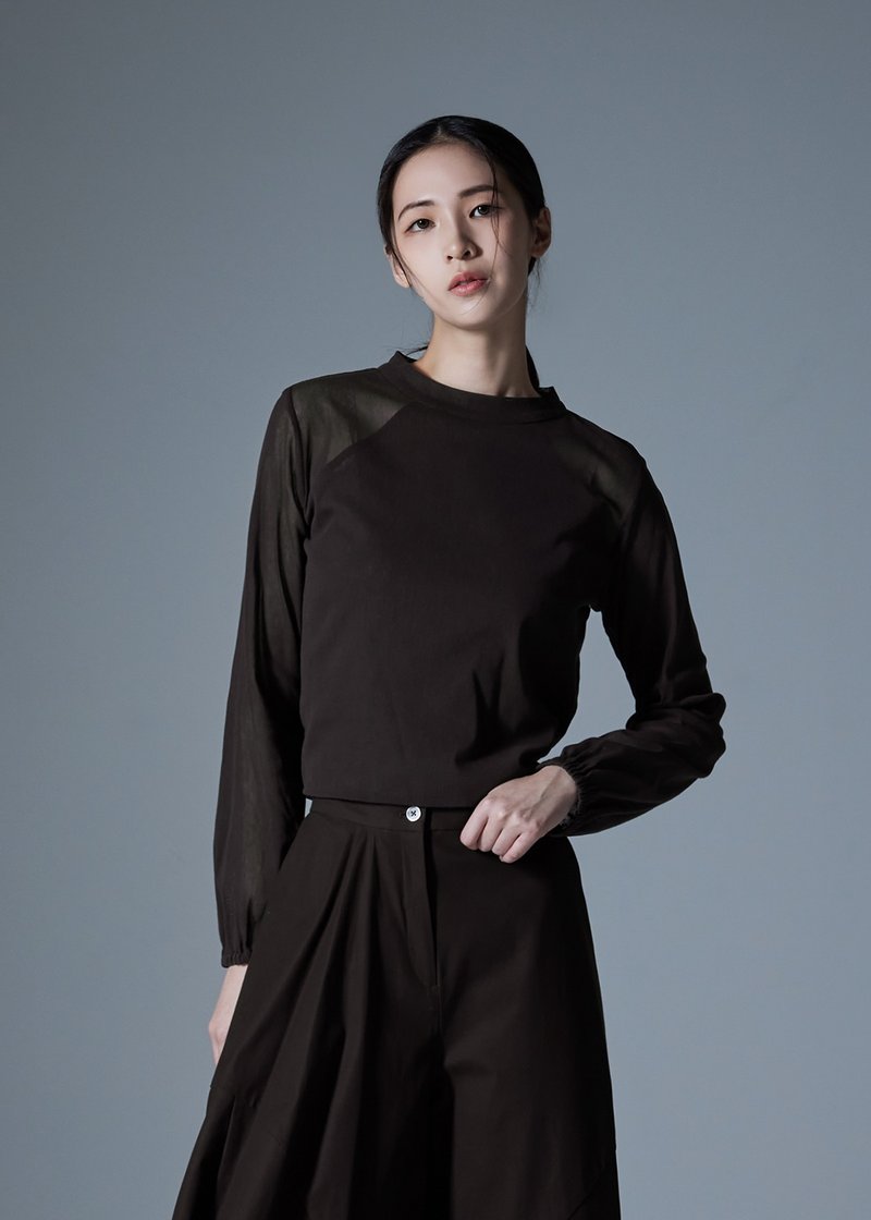 微透膚削肩剪裁上衣 - 女上衣/長袖上衣 - 棉．麻 咖啡色