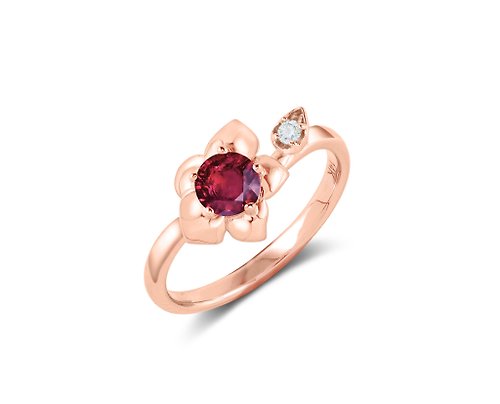 Majade Jewelry Design 紅寶石14k金鑽石訂婚戒指 非傳統蘭花結婚戒指 大自然花卉戒指