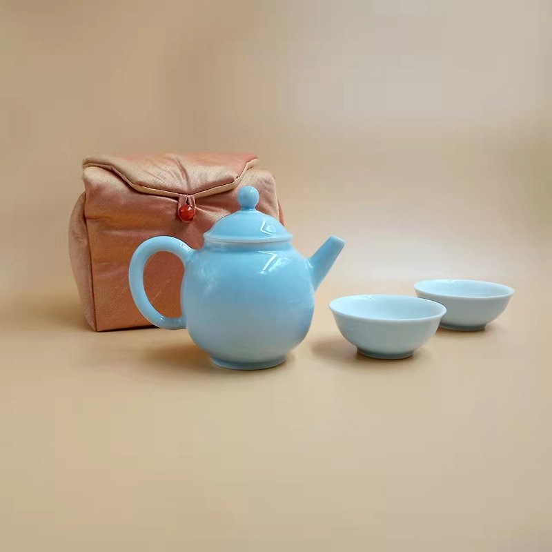 Pick up gold found pot set one pot two cups gift tea travel cloth bag - Teapots & Teacups - Porcelain 