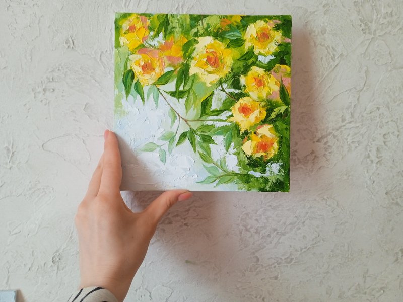 Flower oil painting. Original art. Yellow rose artwork. Oil painting on canvas - โปสเตอร์ - วัสดุอื่นๆ สีเหลือง