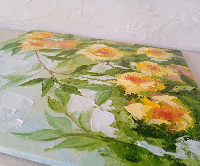 キャンバス油絵専用ライムイエローに広がる小花繊細な絵