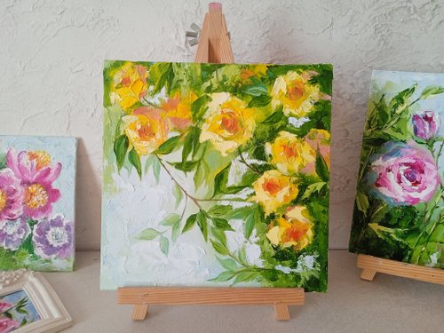 花の油絵。オリジナルアート。黄色いバラのアートワーク