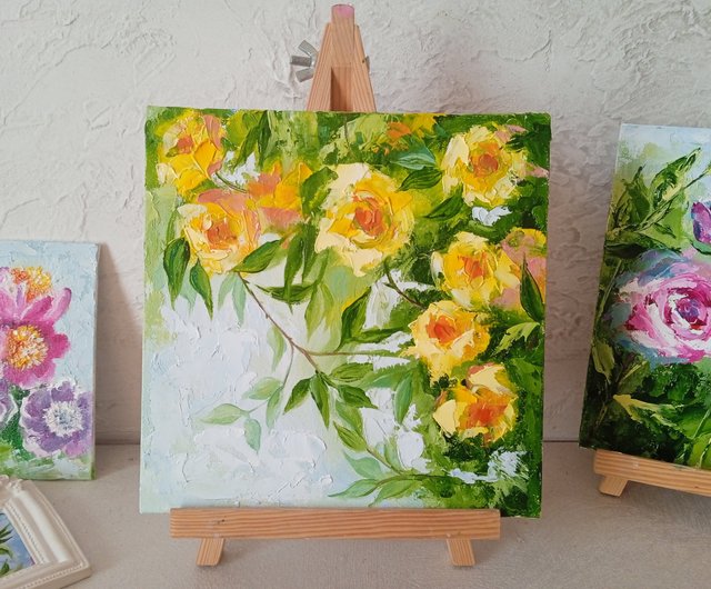 キャンバス油絵　専用　ライムイエローに広がる小花　繊細な絵 キャンバス油絵専用ライムイエローに広がる小花繊細な絵