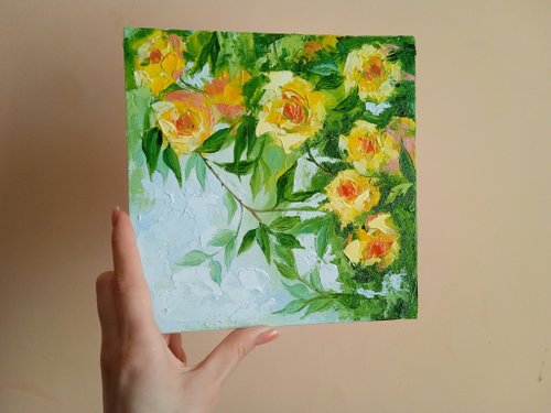 花の油絵。オリジナルアート。黄色いバラのアートワーク