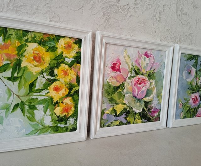 花の油絵。オリジナルアート。黄色いバラのアートワーク