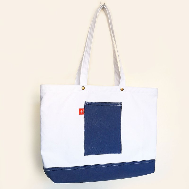 Plus 1 White with Royal Blue Canvas 3-Pocket Japanese Style Totebag - กระเป๋าถือ - ผ้าฝ้าย/ผ้าลินิน หลากหลายสี